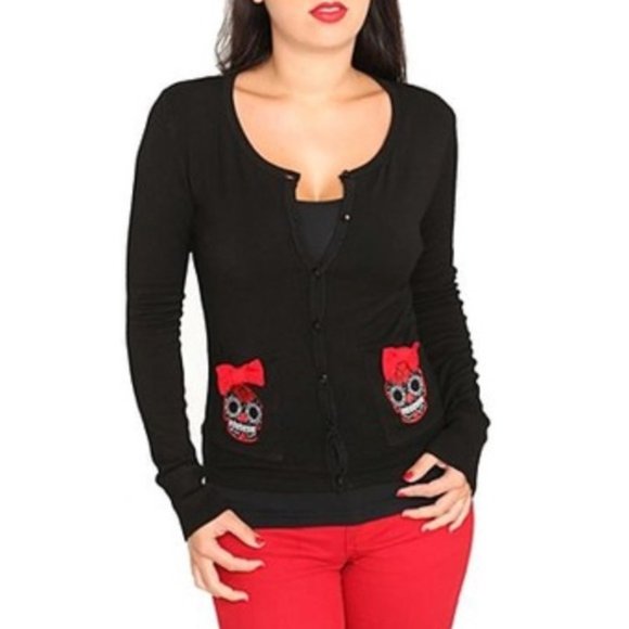Too Fast Sugar Skull Pocket Cardigan Sweater Rockabilly Halloween Y2K - Picture 1 of 8